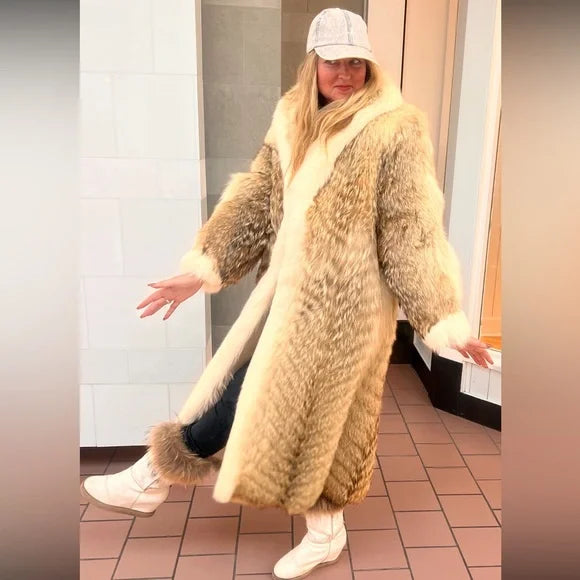 Luxurious Fur Coat with Cream Accents