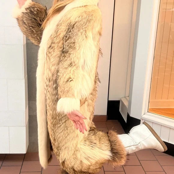 Luxurious Fur Coat with Cream Accents